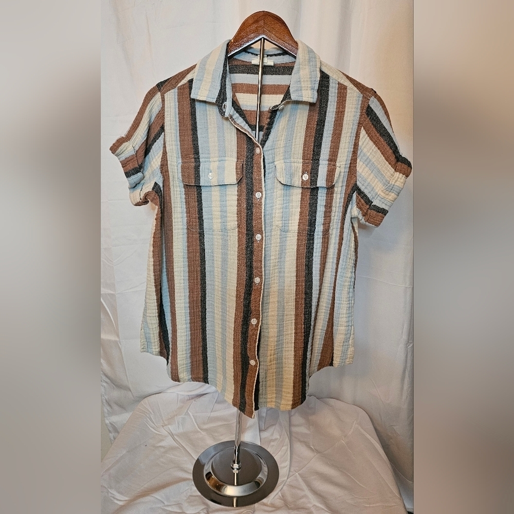A.N.A. Striped Short Sleeve Button-Up Shirt Gauze Cotton - Size Small